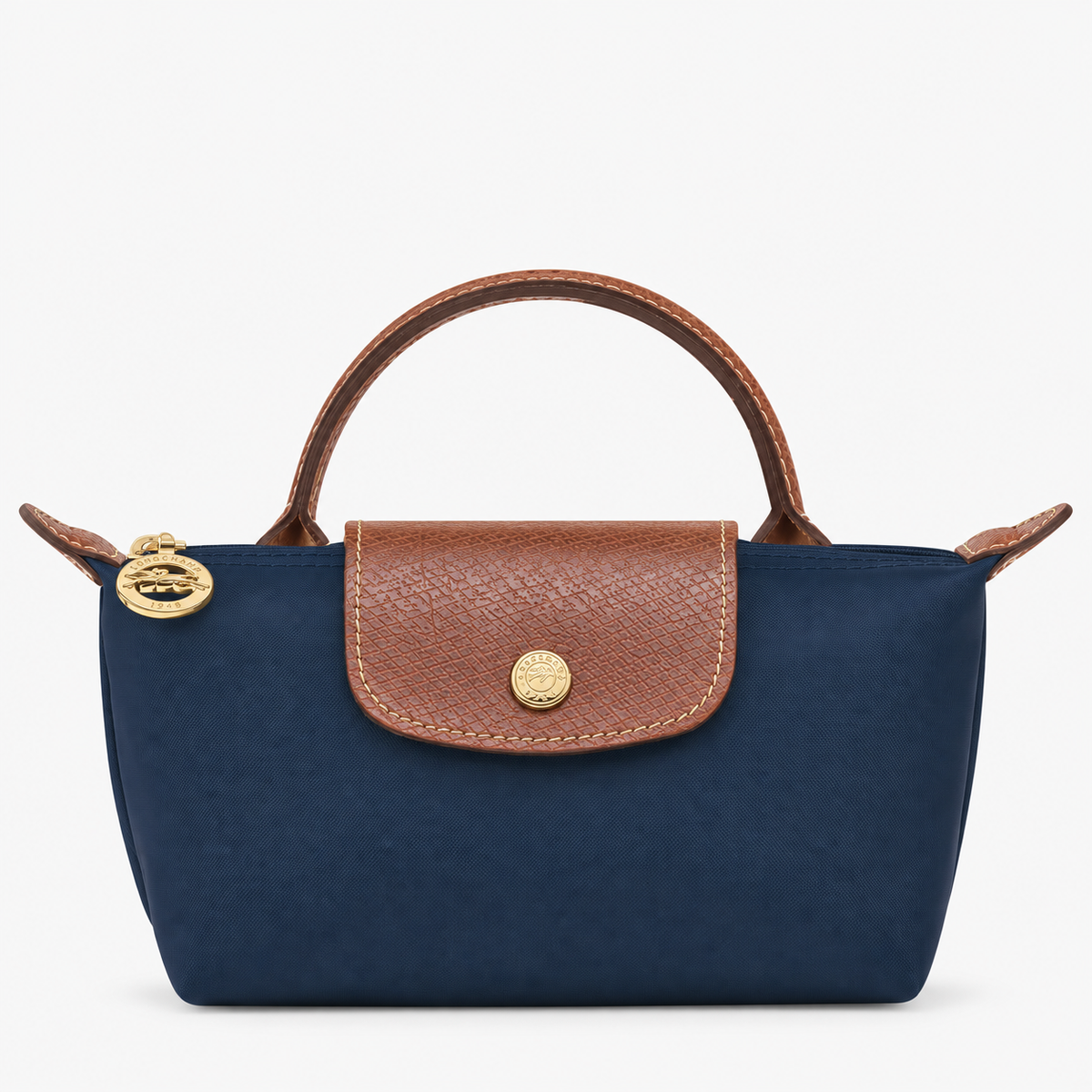 Le Pliage Mini Pouch in Navy, front view with brown trim
