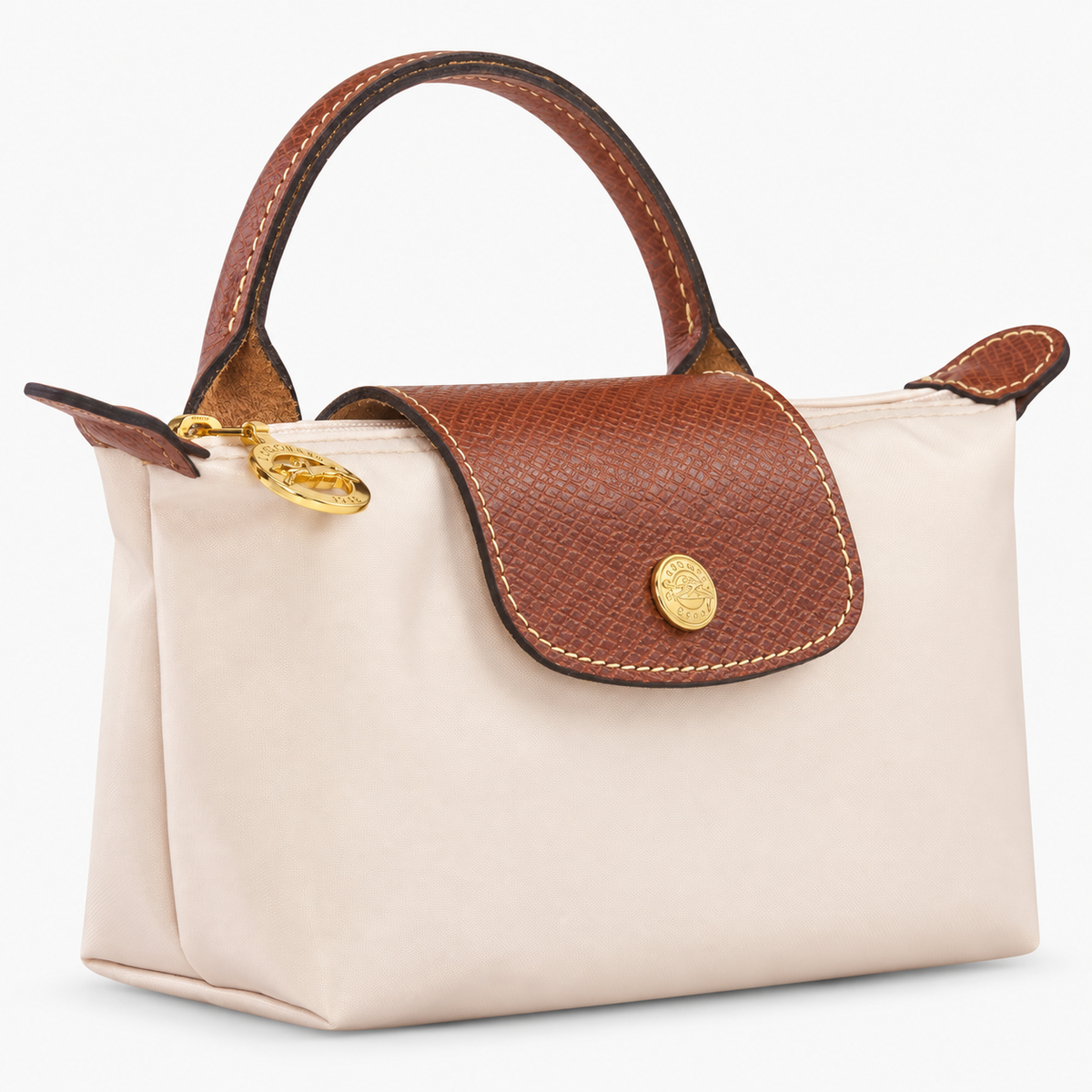 Le Pliage Mini Pouch in Navy, three-quarter view with brown trim