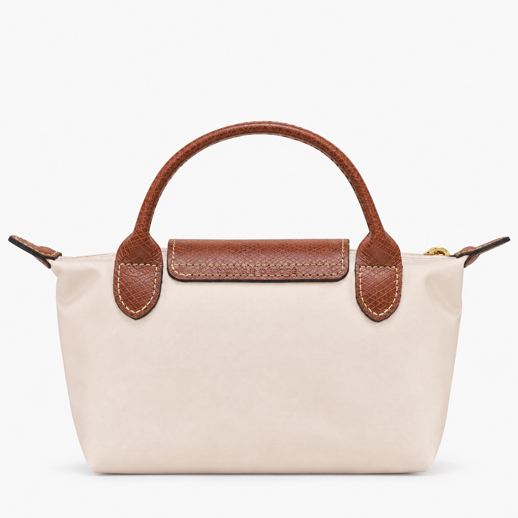 Le Pliage Mini Pouch in Paper beige, back view with brown handles