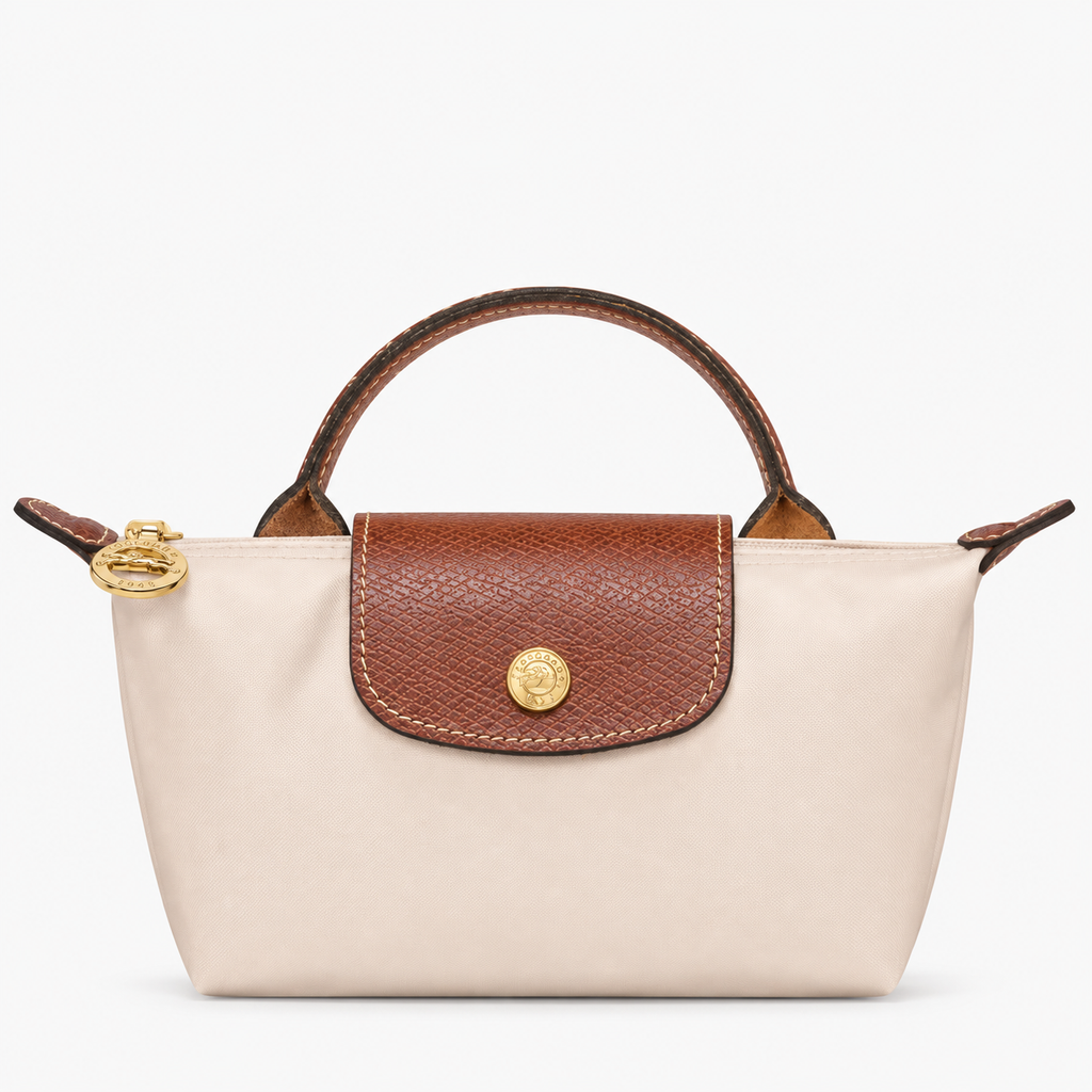 Le Pliage Mini Pouch in Paper beige, front view with brown trim