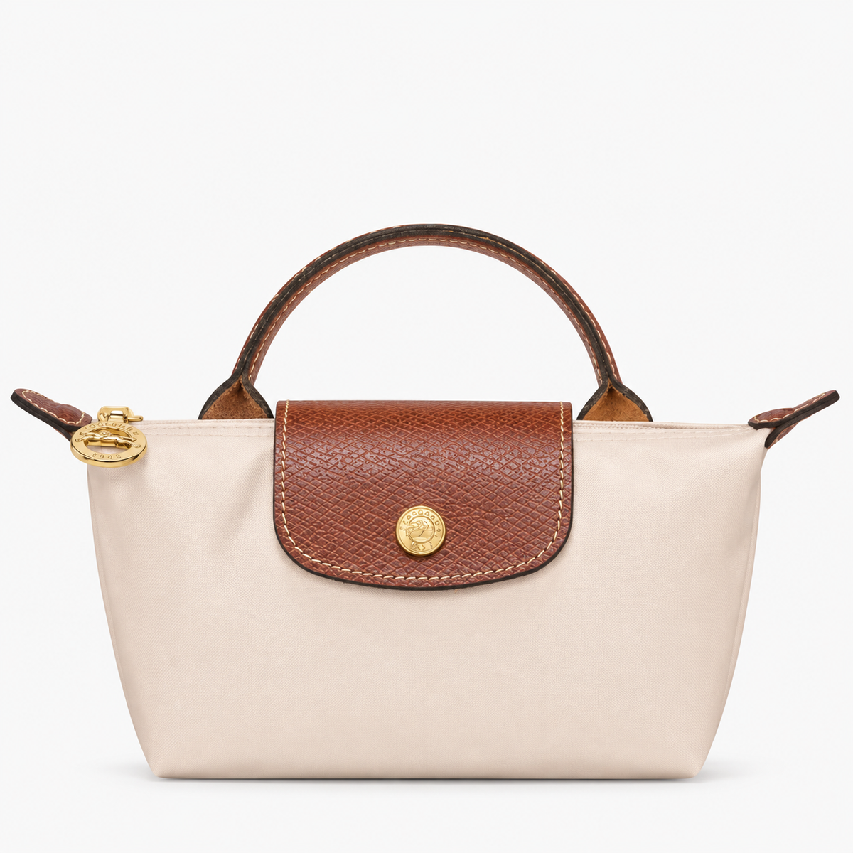 Le Pliage Mini Pouch in Paper beige, front view with brown trim