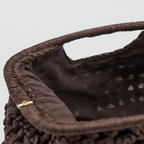 brown crochet clutch bag open interior fabric lining detail - brown - clutch bag