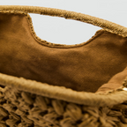 natural tan crochet clutch bag open interior fabric lining detail - tan - clutch bag