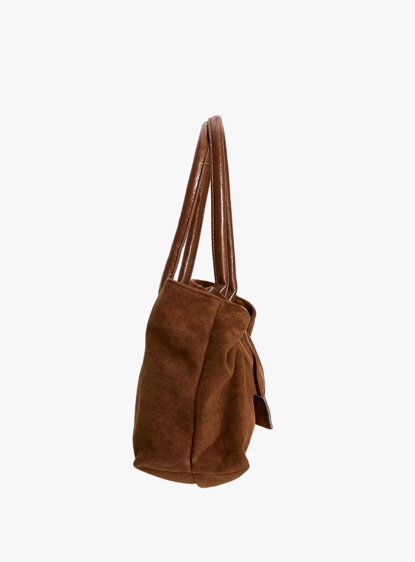 brown suede shoulder bag side view women top handle everyday