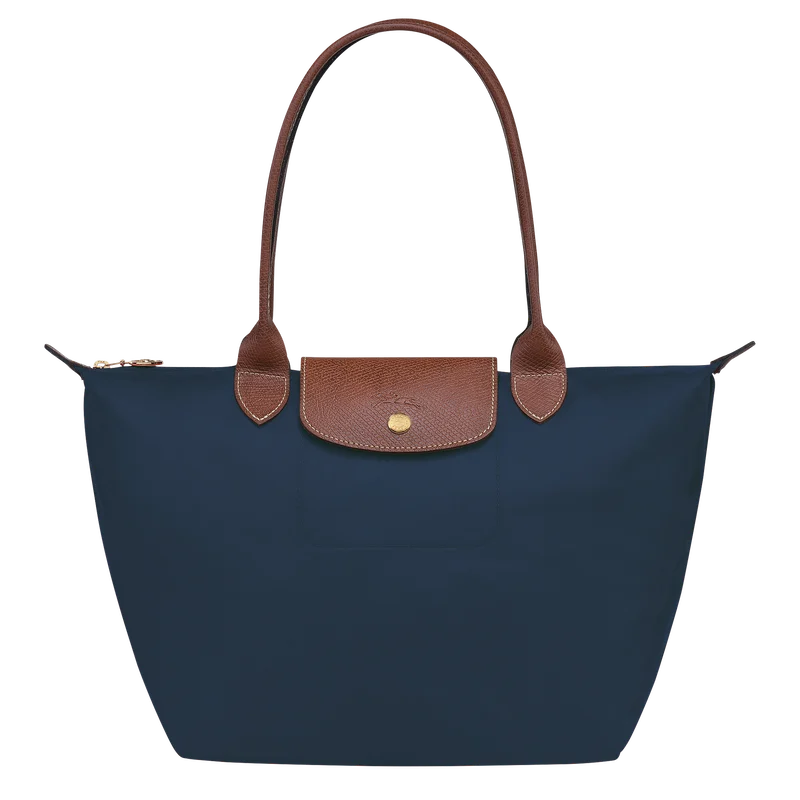 Pliage Medium Tote Bag in navy blue with brown handles and gold-tone hardware