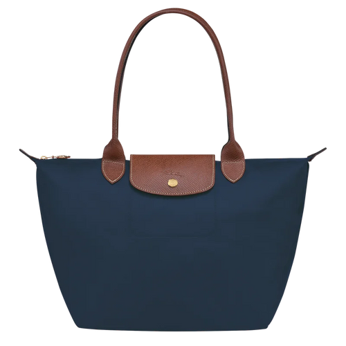 Pliage Medium Tote Bag in navy blue with brown handles and gold-tone hardware