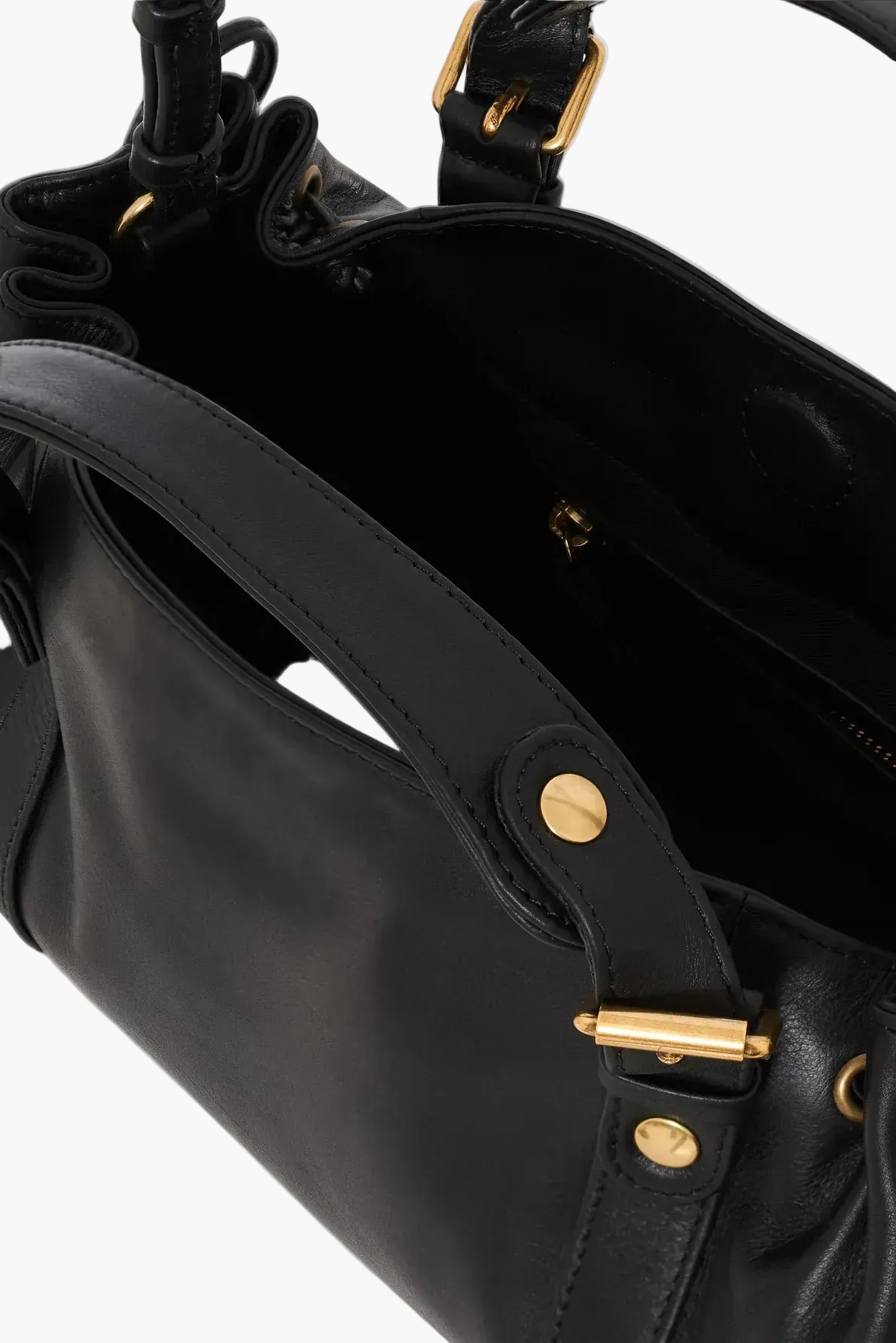 black slouch bag open top view women gold hardware interior