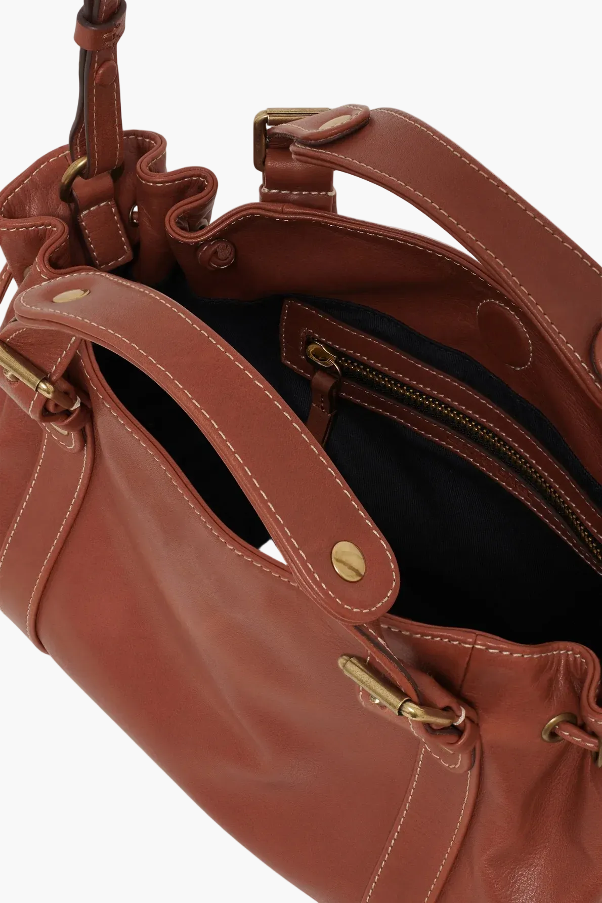 brown slouch bag open top view women gold hardware interior