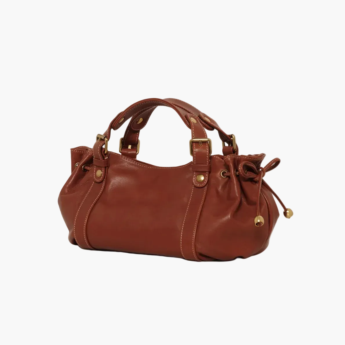 brown slouch shoulder bag side view with drawstring detail
