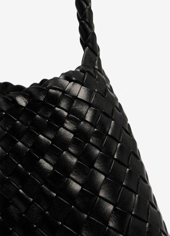 black woven bag braided strap close up detail - black - shoulder bag