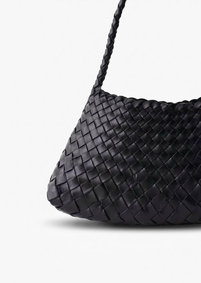 black woven shoulder bag front angle view with braided strap