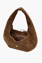fringe faux suede hobo bag caramel top angle with knotted detail and interior