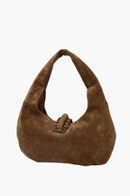 fringe faux suede hobo bag caramel back view women shoulder strap