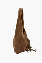 fringe faux suede hobo bag caramel side view women boho elegant