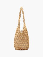 wooden bead tote bag creamy beige rounded shape front view - beige - tote bag
