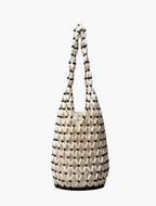 wooden bead tote bag white with black accent beads front view - white black - tote bag
