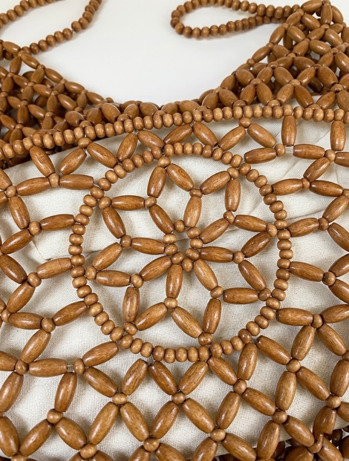 close up wooden bead tote bag floral lattice detail natural tan - tan - tote bag