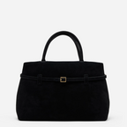 Sienna black belted suede top handle bag with gold-tone hardware and double handles