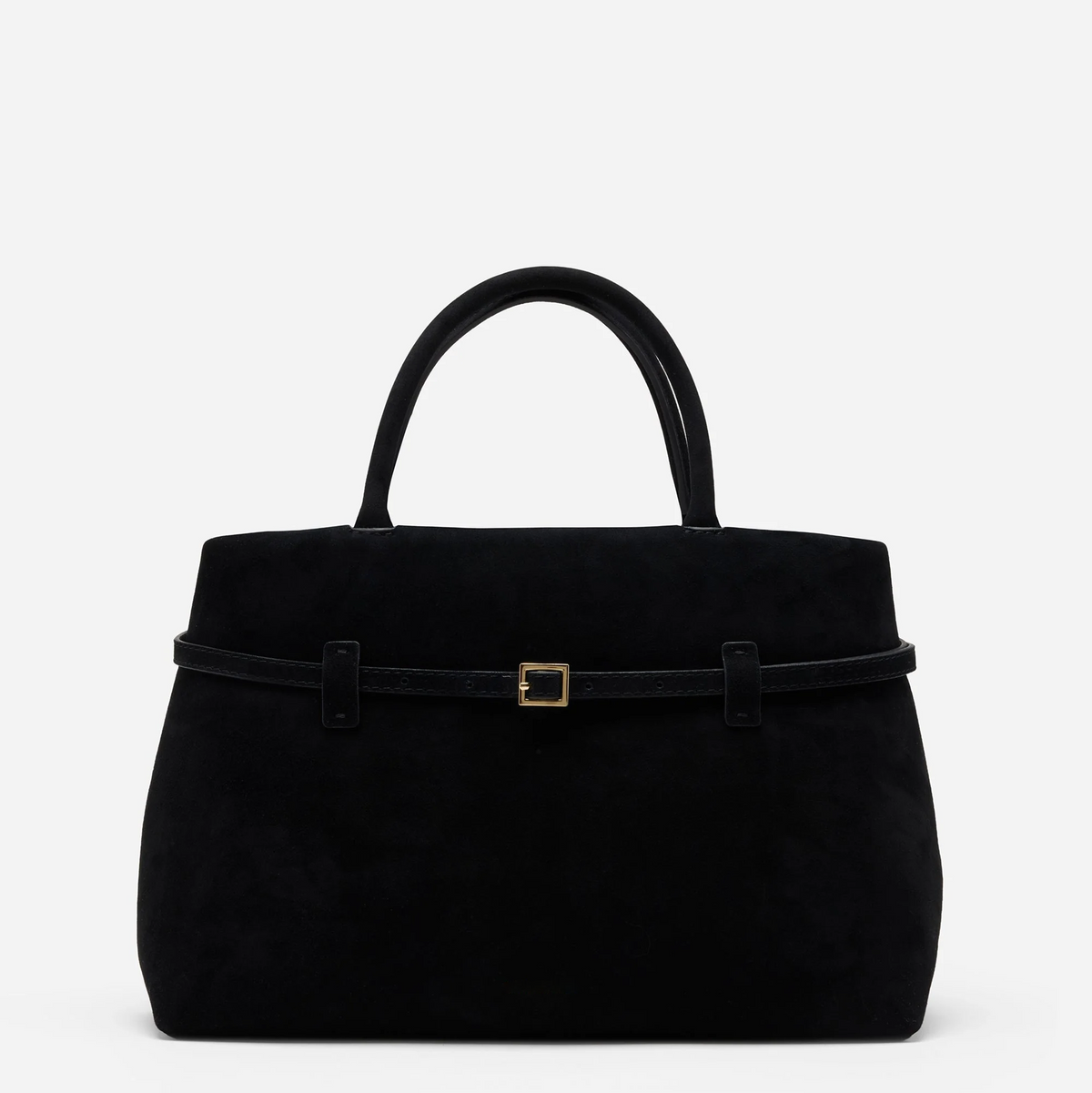 Sienna black belted suede top handle bag with gold-tone hardware and double handles