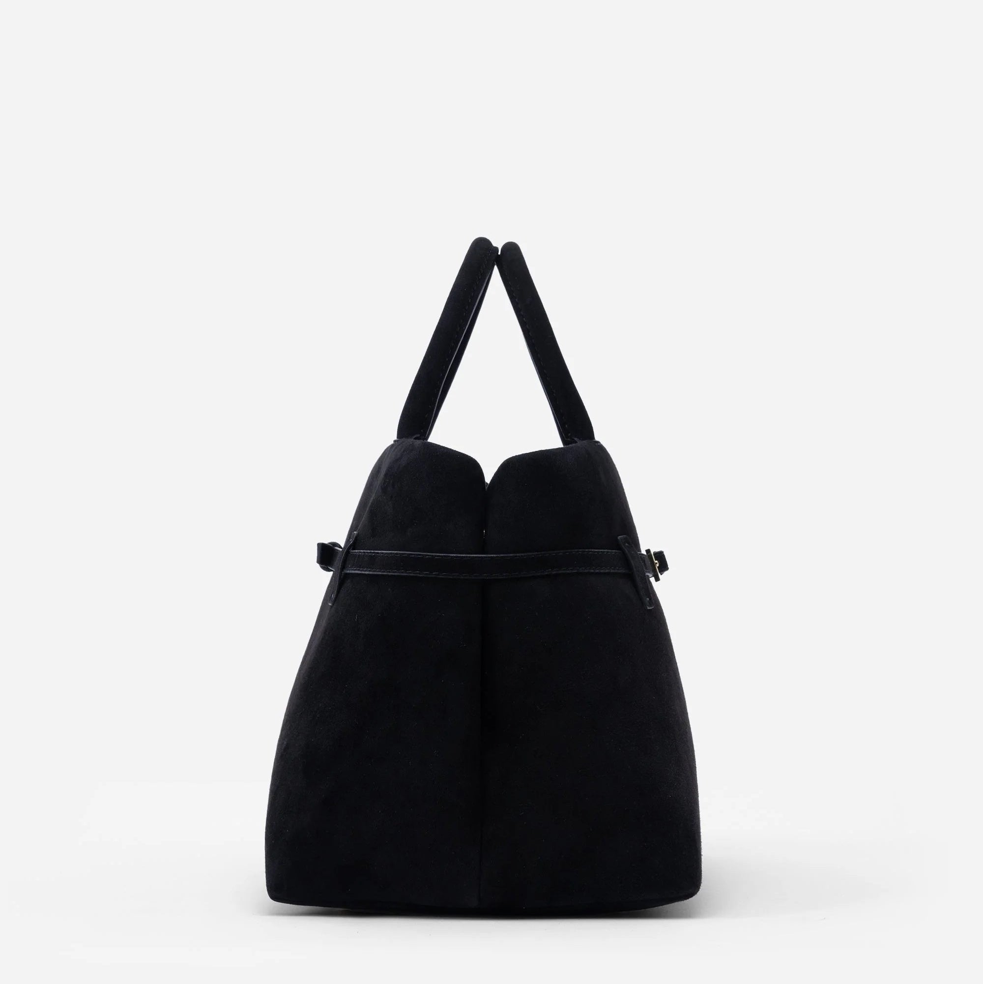 Sienna black suede top handle bag side view with belted detail and structured silhouette
