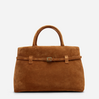 Sienna camel belted suede top handle bag with double handles and gold-tone hardware