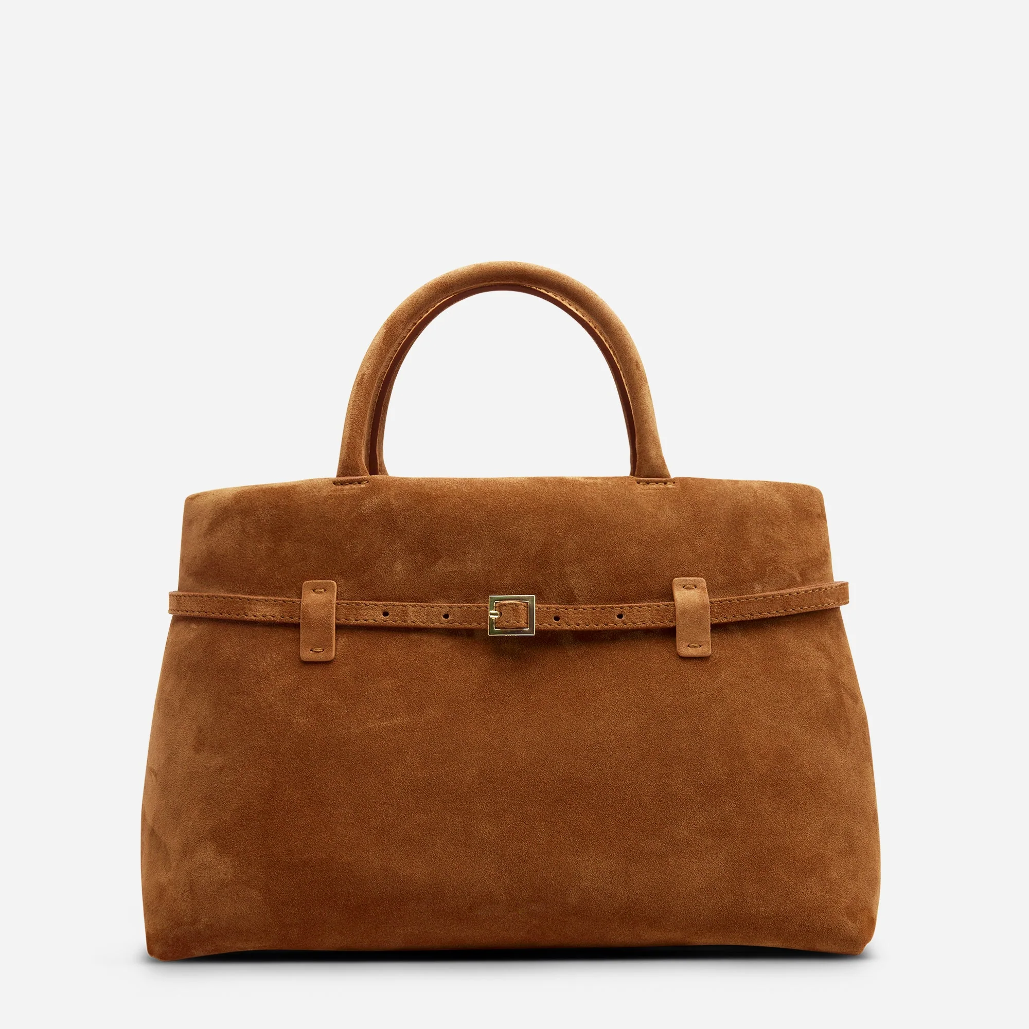 Sienna camel belted suede top handle bag with double handles and gold-tone hardware