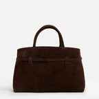 Sienna deep brown suede top handle bag with belted detailing 