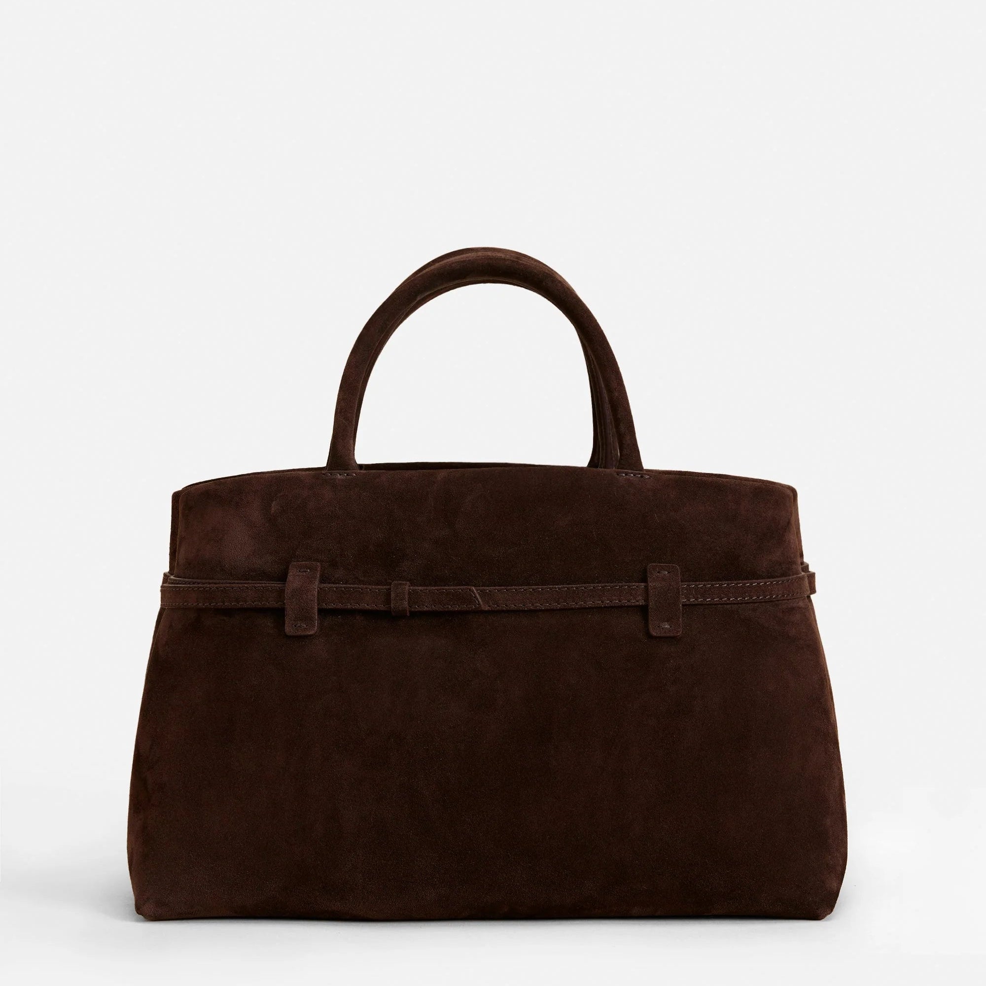 Sienna deep brown suede top handle bag with belted detailing 