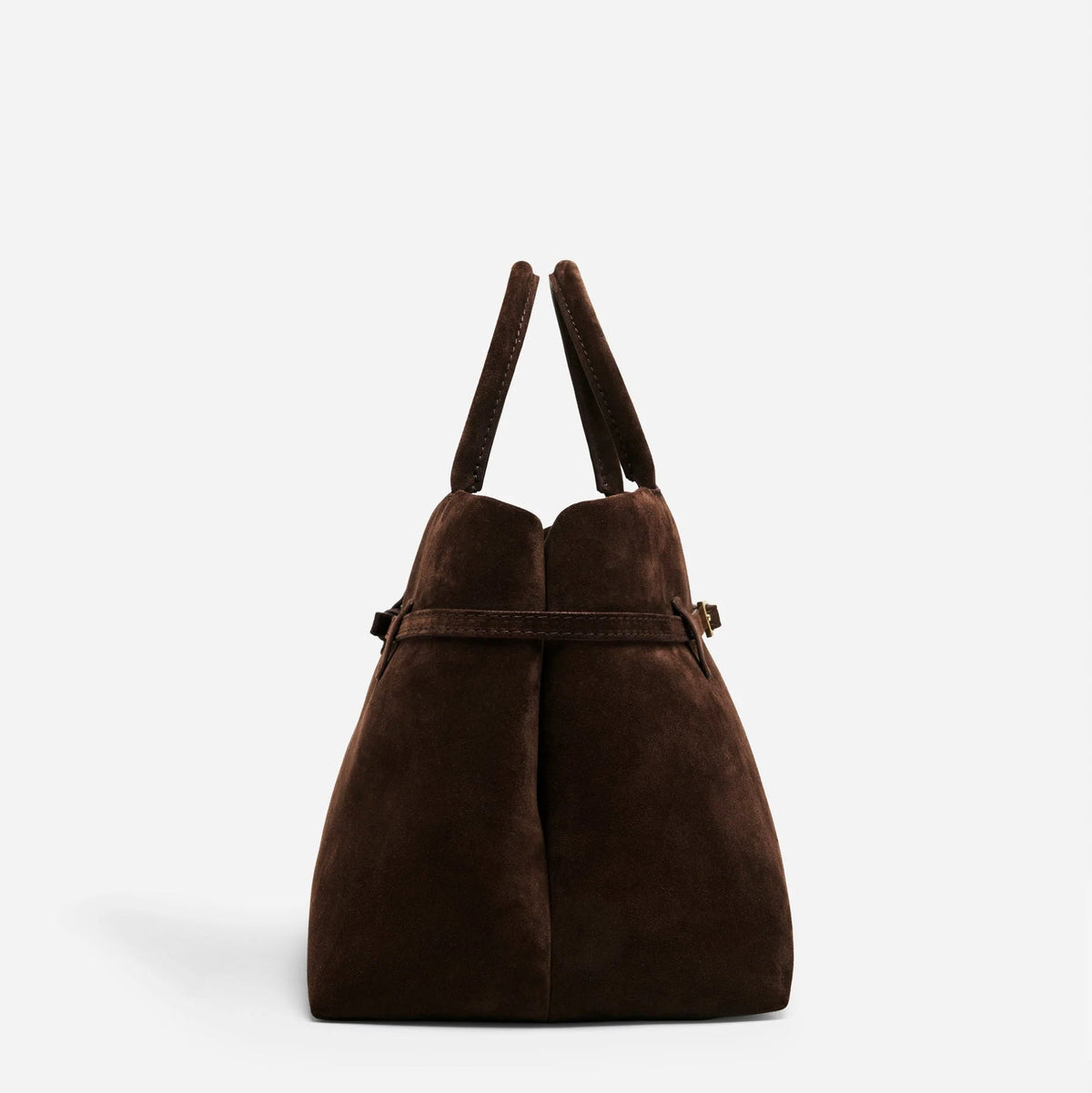 Sienna deep-brown suede top handle bag side view with belted detail and structured silhouette