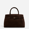 Sienna deep brown suede top handle bag with belted detailing and gold-tone hardware