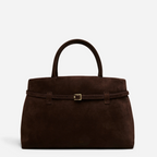 Sienna deep brown suede top handle bag with belted detailing and gold-tone hardware