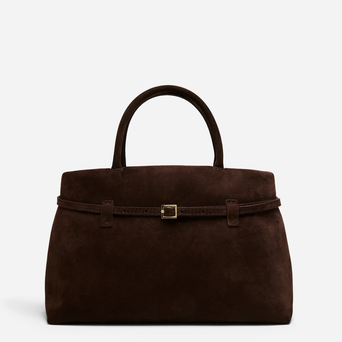 Sienna deep brown suede top handle bag with belted detailing and gold-tone hardware