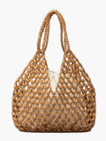 wooden bead tote bag double strap front view natural tan - tan - tote bag