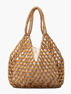 wooden bead tote bag double strap front view natural tan - tan - tote bag