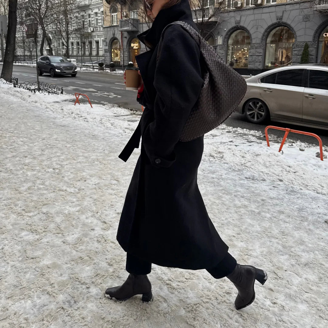 dark brown woven hobo shoulder bag women long coat winter street style