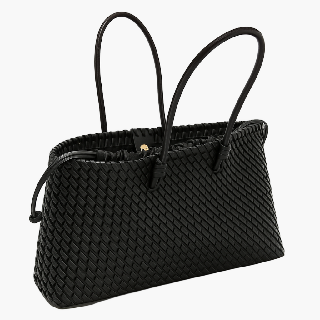 woven tote bag black open top view women spacious interior