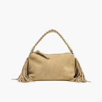 fringe faux suede shoulder bag sand beige women braided strap boho elegant