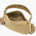 fringe faux suede bag sand open top view women crossbody interior