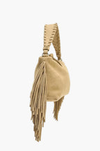 fringe faux suede shoulder bag sand side angle women braided strap